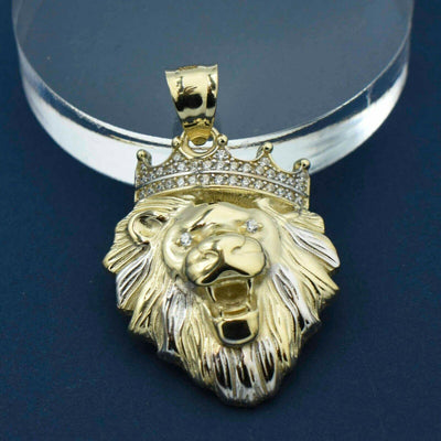 1 1/2" CZ Two-Tone Roaring Lion Pendant 10K Yellow Gold - bayamjewelry