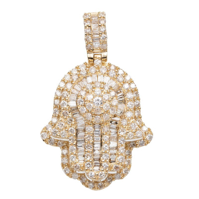 1 1/4" Hamsa Round & Baguette Cut Diamond Pendant 1.28ct 14K Yellow Gold - bayamjewelry