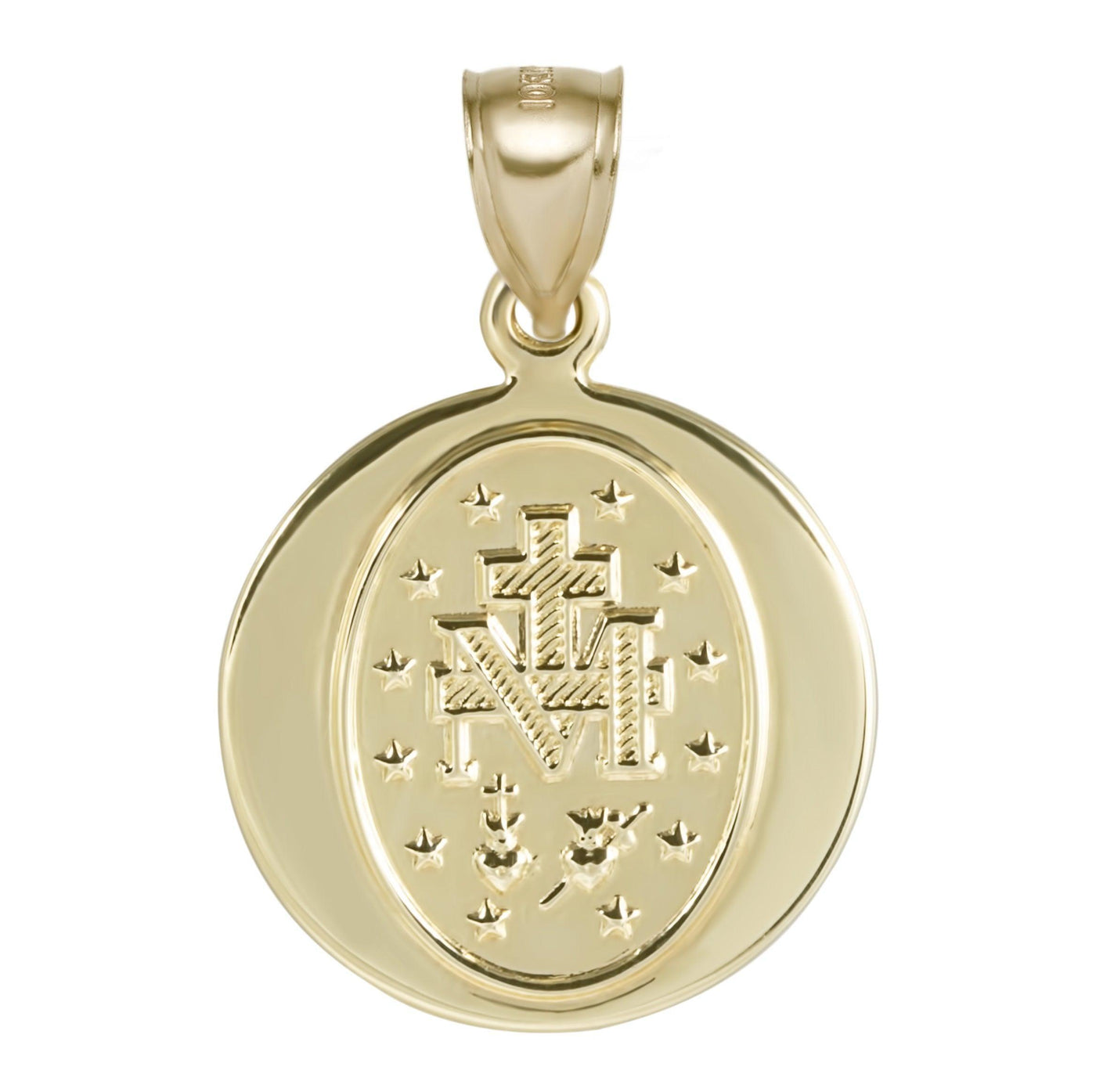 1" Round Textured Miraculous Mary Pendant 10K Yellow Gold - bayamjewelry