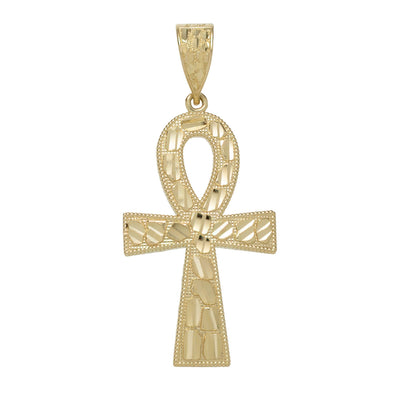 2 1/4" Diamond Cut Ankh Cross Pendant Charm 10K Yellow Gold - bayamjewelry