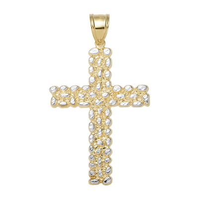 2 3/4" Nugget Textured Cross Pendant Charm 10K Yellow Gold - bayamjewelry