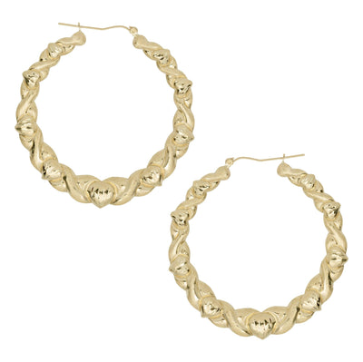 2" 50mm Graduated Twisted Heart Diamond Cut Hoop Earrings Real 10K Yellow Gold - bayamjewelry