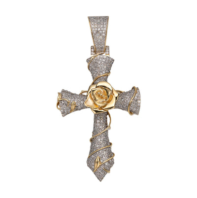2" Rose Cross Diamond Pendant 1.78ct 14K Yellow Gold - bayamjewelry