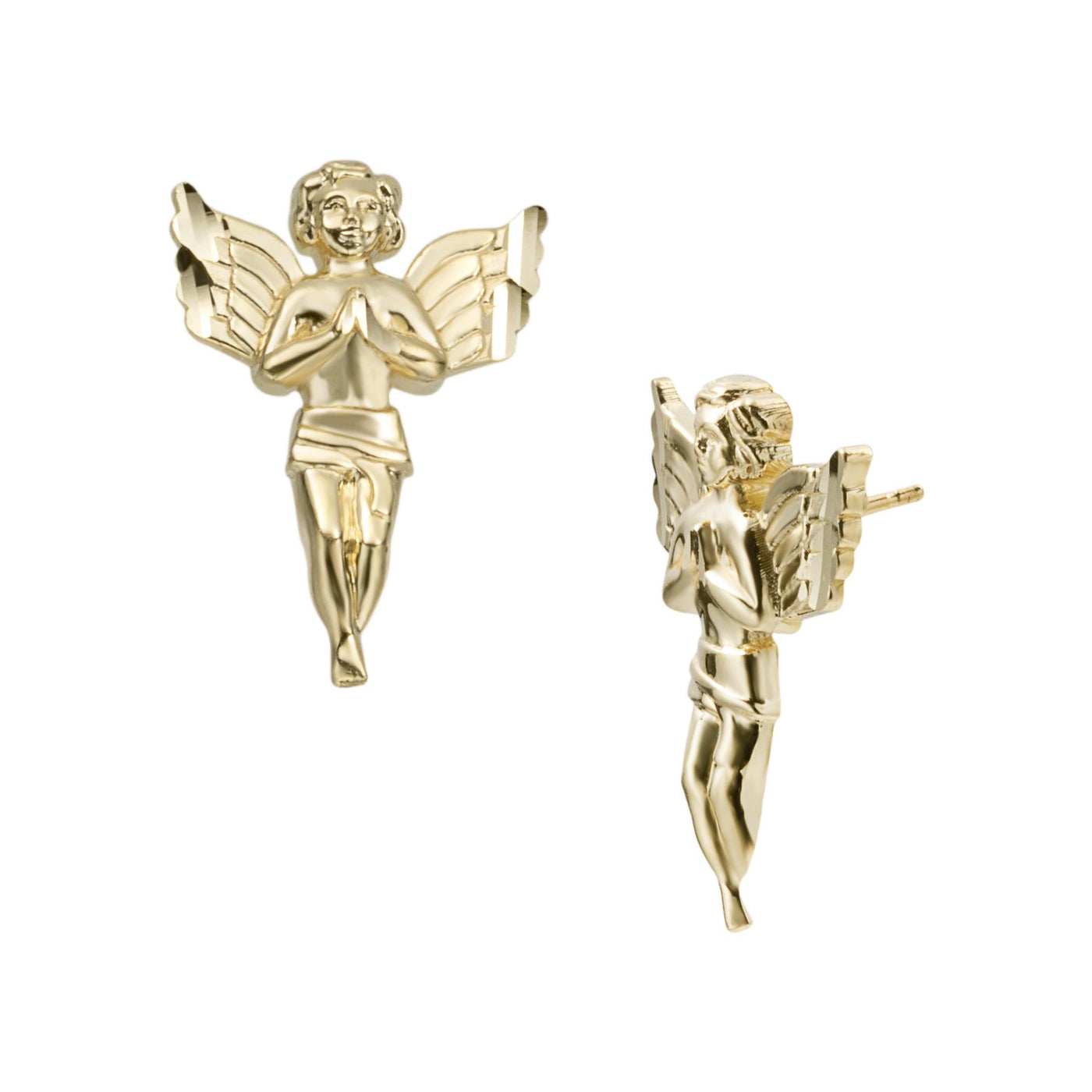 7/8" Women's Diamond Cut Praying Angel Stud Earrings Solid 10K Yellow Gold - bayamjewelry