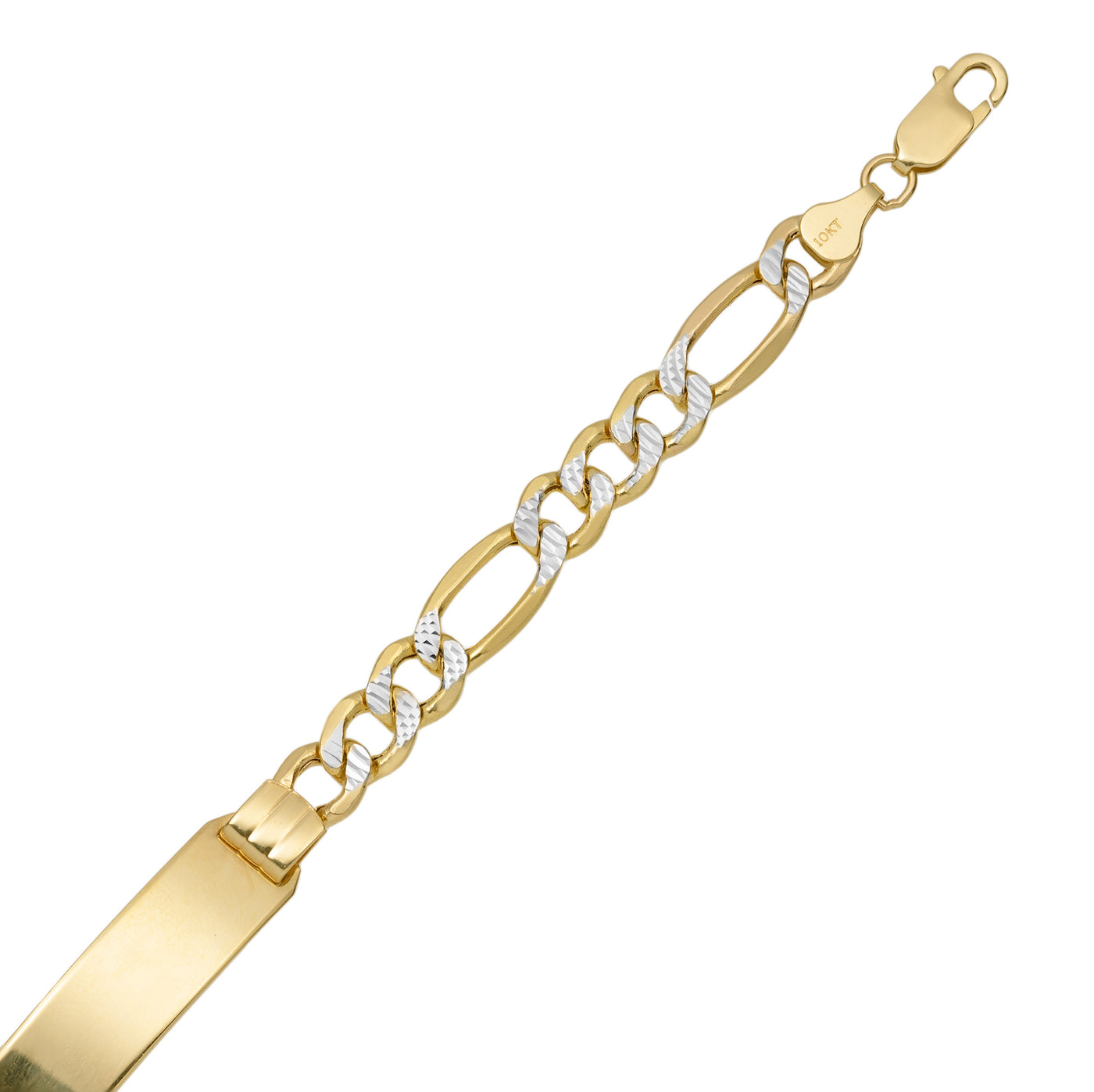 Pave Figaro Link ID Bracelet 10K Yellow White Gold