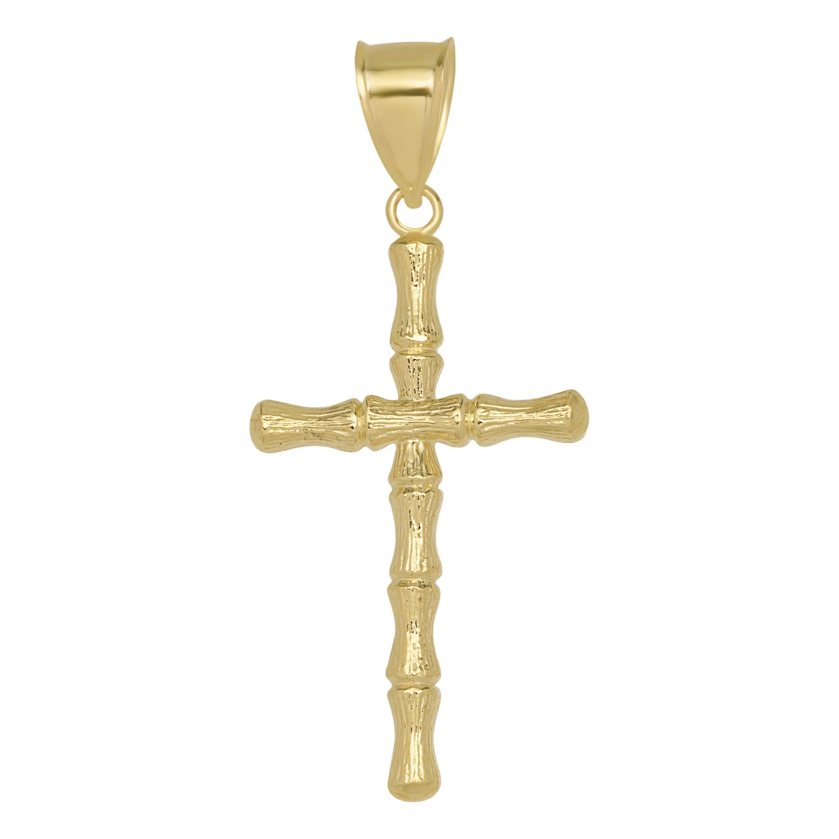 Bamboo Textured Cross Pendant Solid 10K Yellow Gold