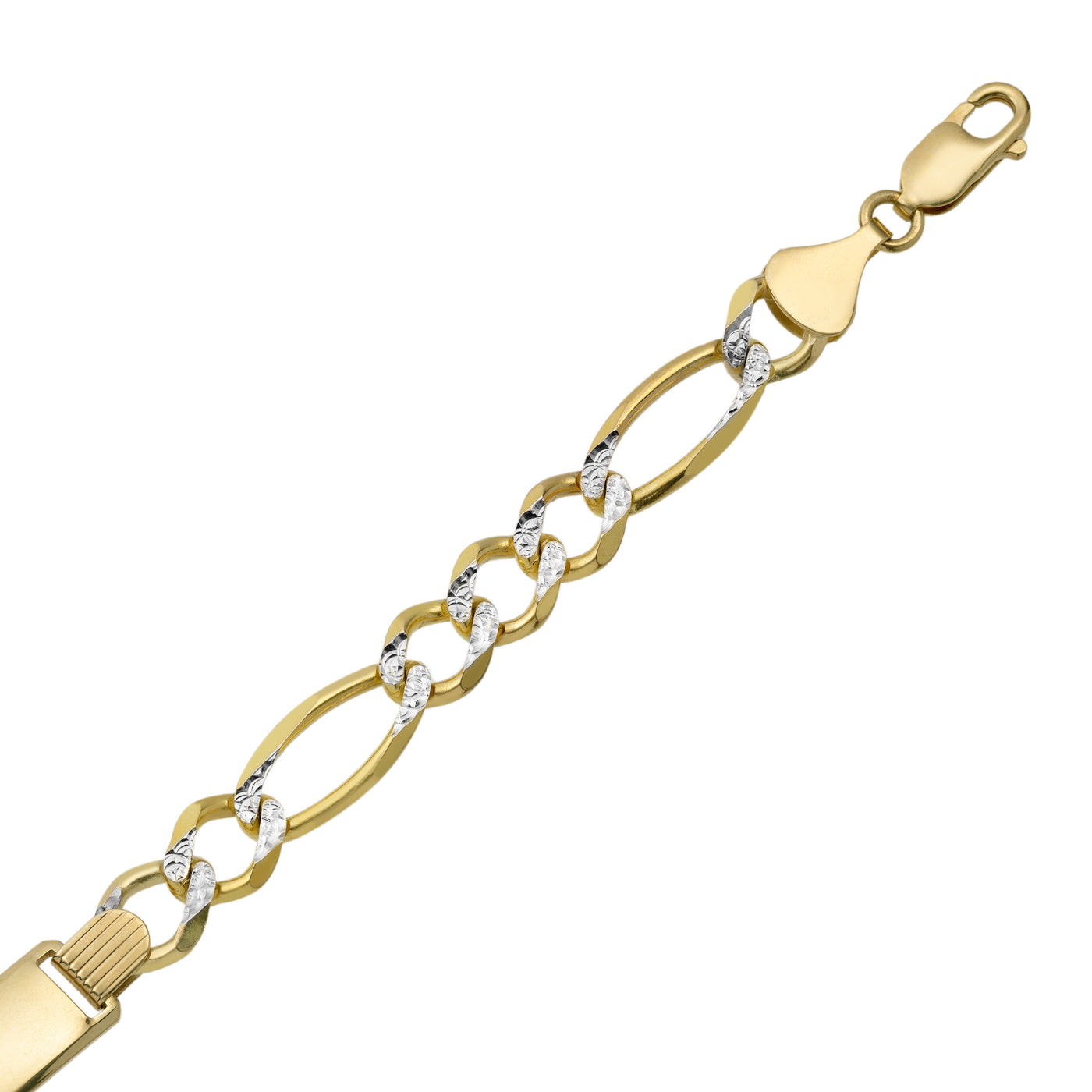 Pave Figaro Link ID Bracelet 10K Yellow White Gold - Solid