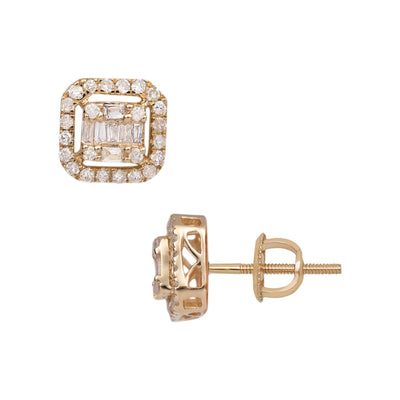Cushion-Shaped Baguette & Round-Cut Diamond Stud Earrings 0.37ct 14K Yellow Gold - bayamjewelry