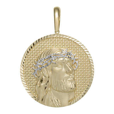 Diamond Cut Face Of Jesus Medallion Two Tone Pendant Solid 10K Yellow Gold - bayamjewelry