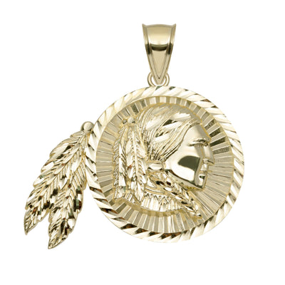 Diamond-Cut Indian Chief Medallion Pendant Solid 10K Yellow Gold - bayamjewelry