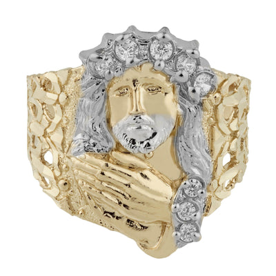 Jesus Praying Hand Two-Tone CZ Ring Solid 10K Yellow Gold - bayamjewelry