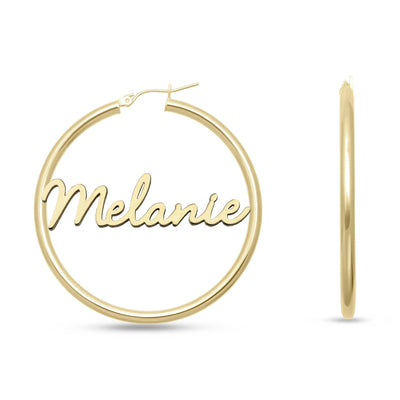 Ladies Script Name Plate Hoop Earrings 14K Gold - Style 60 - bayamjewelry