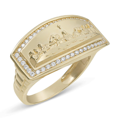 Men's Rectangle Textured CZ Bordered Last Supper Ring Solid 10K Yellow Gold - bayamjewelry