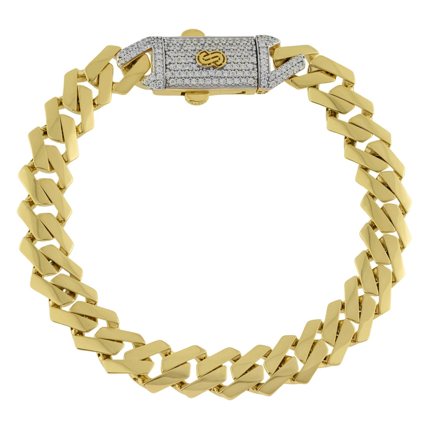 Monaco Chain Miami Cuban Link CZ Lock Bracelet 14K Yellow Gold - Hollow - bayamjewelry