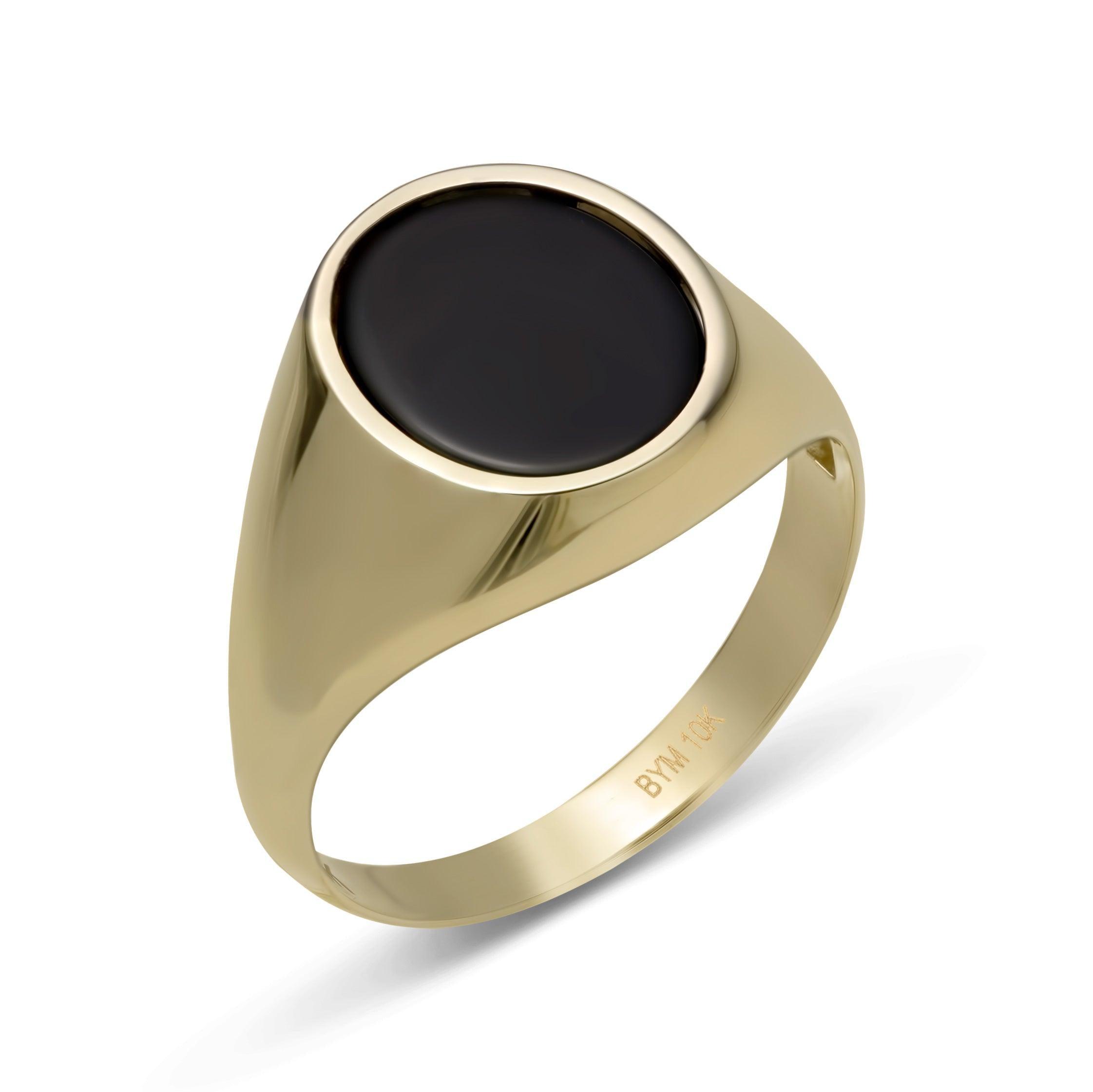 10K Yellow Gold Mens Signet Ring With Oval Black Onyx Stone