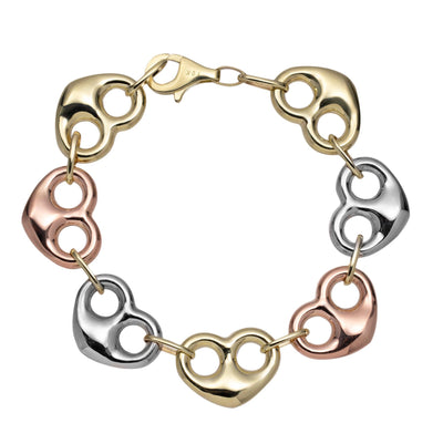 Puffed Heart Shape Link Bracelet 10K & 14K Tri-Color Gold - bayamjewelry