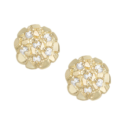 Small Round Textured Nugget Style CZ Stud Earrings Solid 10K Yellow Gold - bayamjewelry