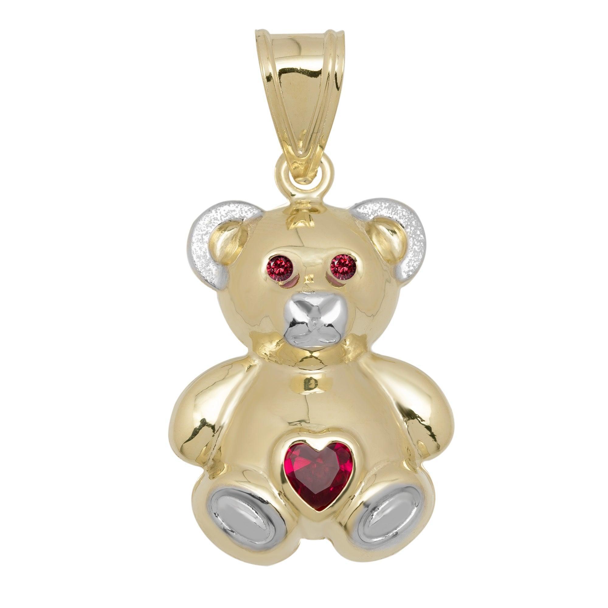 Teddy Bear with Heart Ruby Stone Pendant 10K Yellow Gold