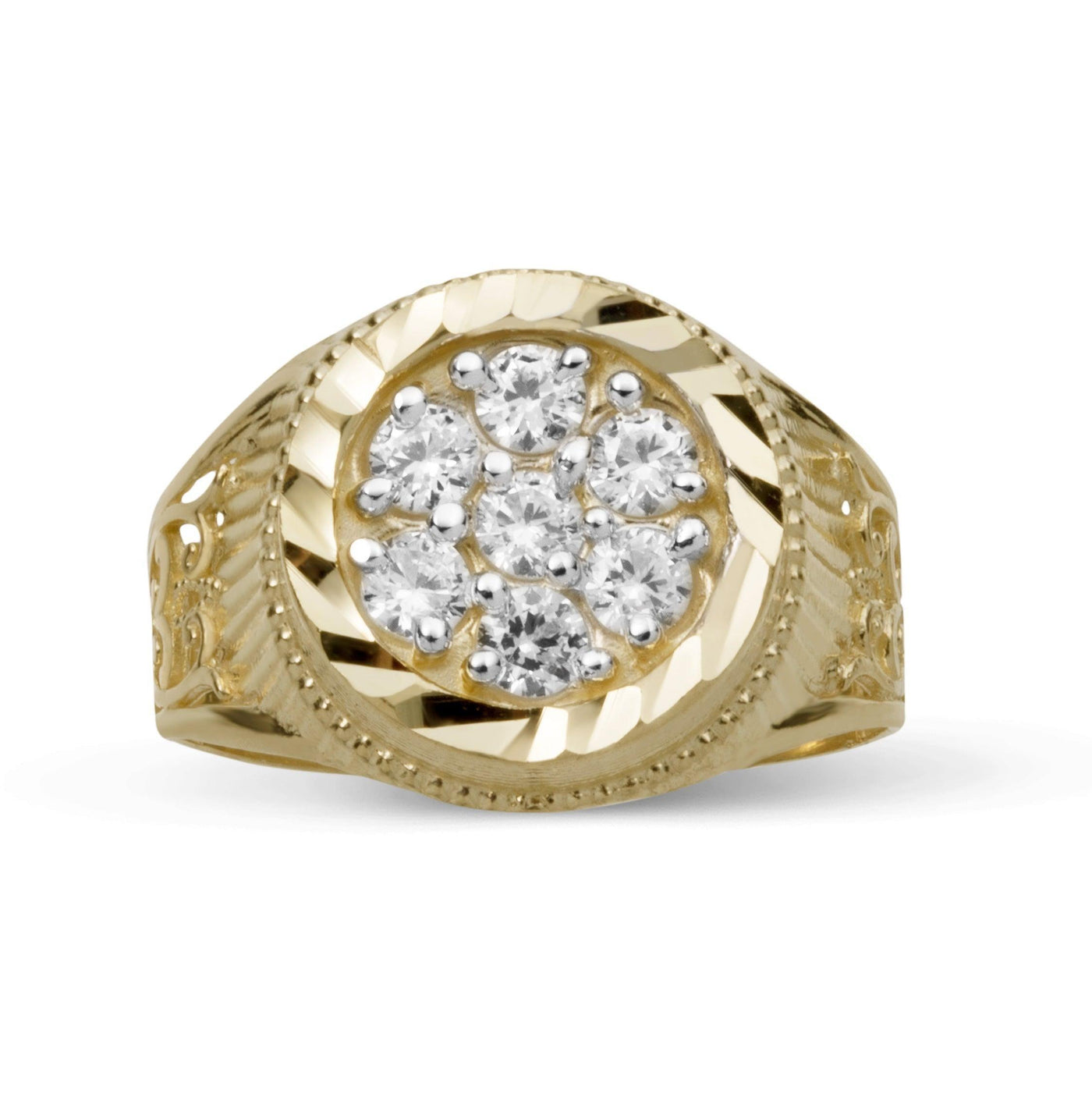 Textured Round CZ Signet Ring Solid 10K Yellow Gold - bayamjewelry