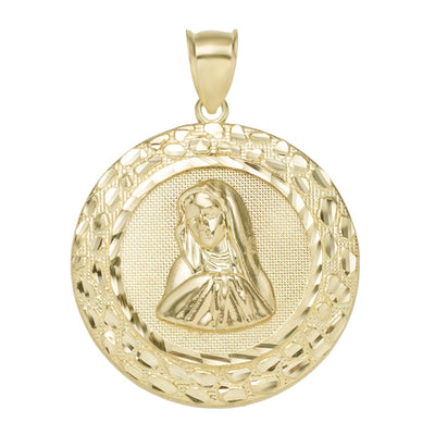 Virgin Mary Nugget Medallion Pendant Solid 10K Yellow Gold - bayamjewelry