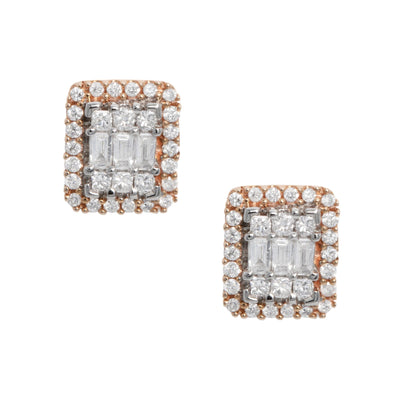 Women's Halo Baguette Diamond Stud Earrings 0.74ct 14K Rose Gold - bayamjewelry