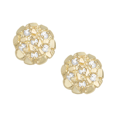 Women's Small Round CZ Nugget Stud Earrings Solid 10K Yellow Gold - bayamjewelry