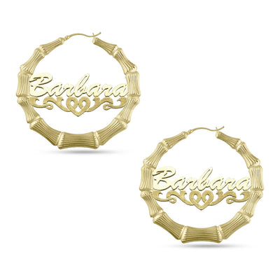 Ladies Script Name Plate Bamboo Hoop Earrings 14K Gold - Style 63