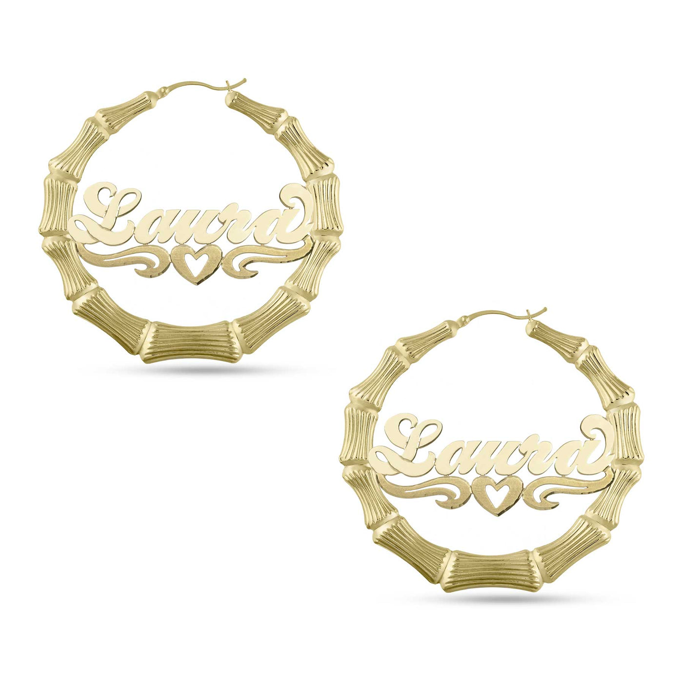 Ladies Script Name Plate Bamboo Hoop Earrings 14K Gold - Style 112