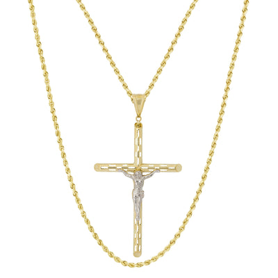 3.5" Jesus Christ Crucifix Cross Pendant & Chain Necklace Set 10K Yellow White Gold
