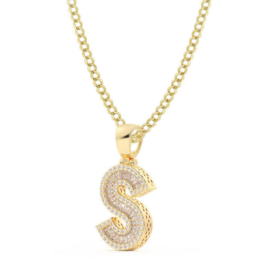Baguette & Round Cut Diamond "S" Initial Pendant Necklace 0.58ct 14K Gold