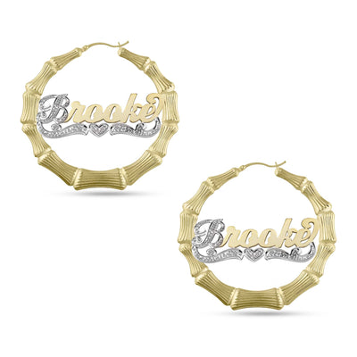 Ladies Script Name Plate Bamboo Hoop Earrings 14K Gold - Style 37