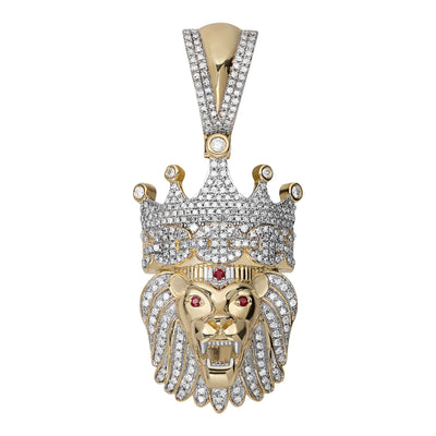 2" Diamond & Ruby Lion Head with Crown Pendant 0.80ct 10K Yellow Gold