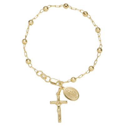 Textured Rosary Cross Virgin Mary Anklet 10K Yellow Gold