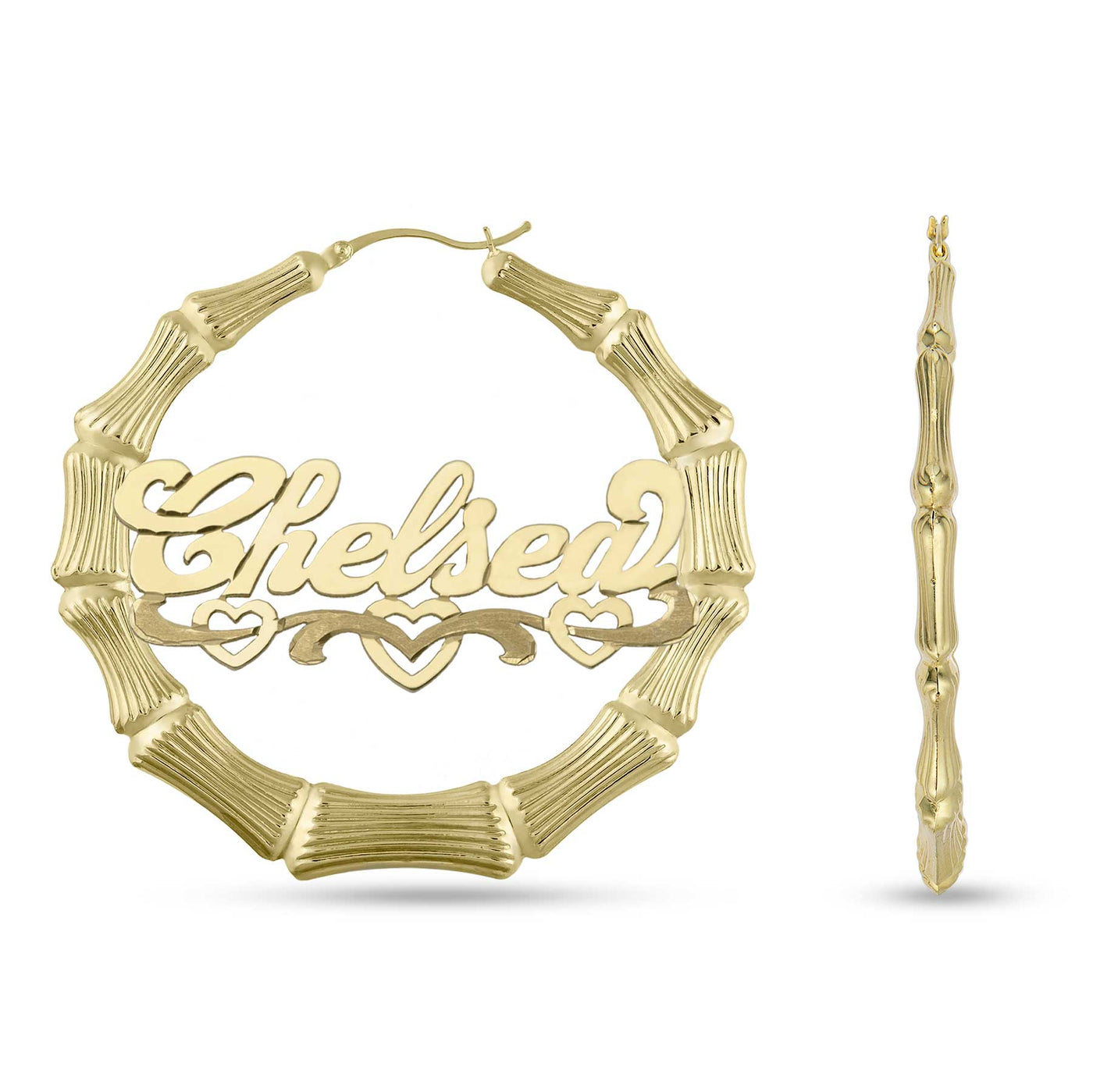 Ladies Script Name Plate Bamboo Hoop Earrings 14K Gold - Style 118