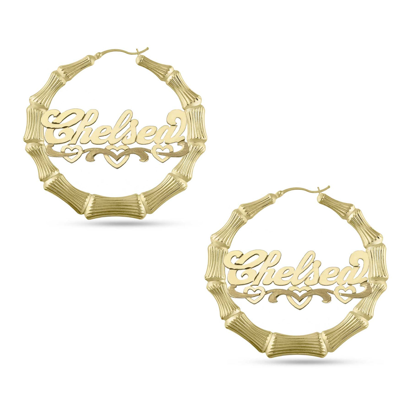 Ladies Script Name Plate Bamboo Hoop Earrings 14K Gold - Style 118