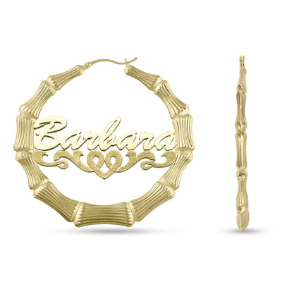 Ladies Script Name Plate Bamboo Hoop Earrings 14K Gold - Style 63
