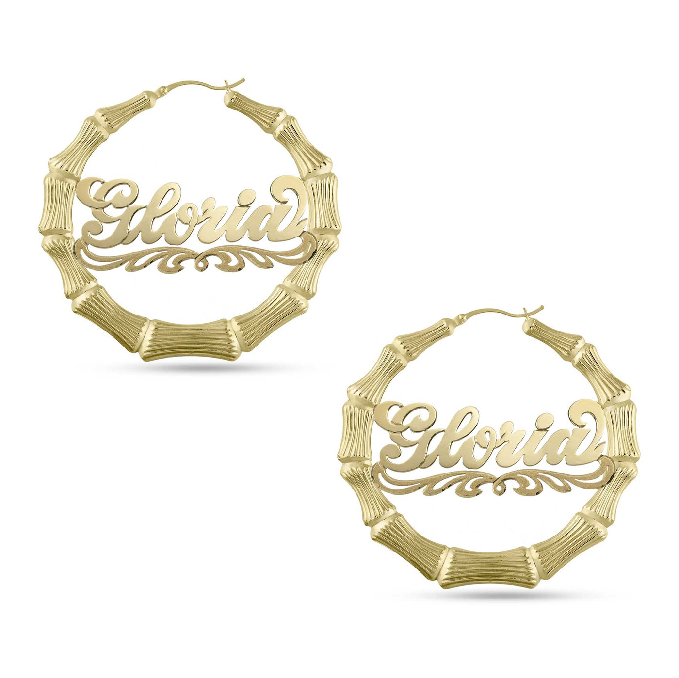 Ladies Script Name Plate Bamboo Hoop Earrings 14K Gold - Style 65