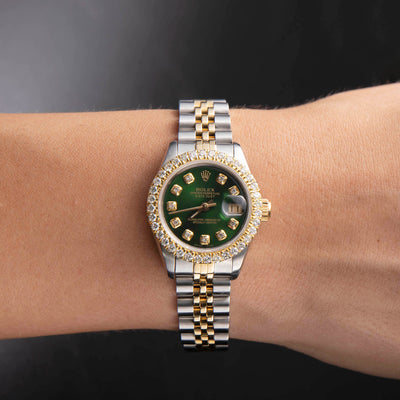 Women Rolex Datejust Diamond Bezel Watch 26mm Green Dial | 1.25ct