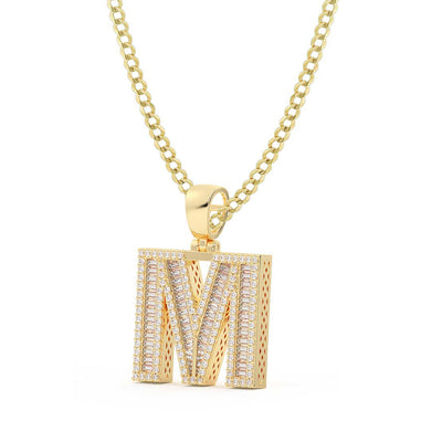Baguette & Round Cut Diamond "M" Initial Pendant Necklace 0.84ct 14K Gold