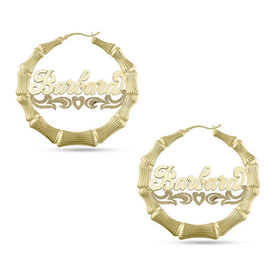 Ladies Script Name Plate Bamboo Hoop Earrings 14K Gold - Style 106