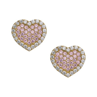 CZ Pink Heart Stud Earrings 10K Yellow Gold