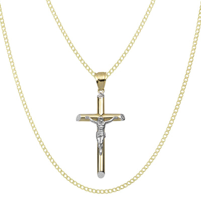 2 1/4" Diamond Cut Jesus Cross Crucifix Pendant & Chain Necklace Set 14K Yellow White Gold