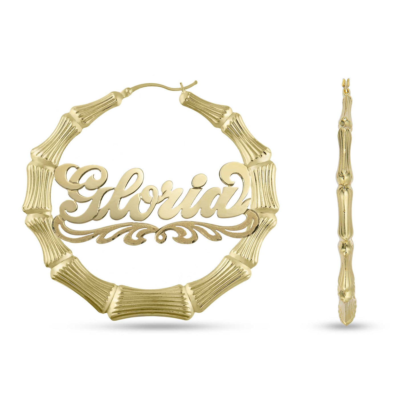 Ladies Script Name Plate Bamboo Hoop Earrings 14K Gold - Style 65