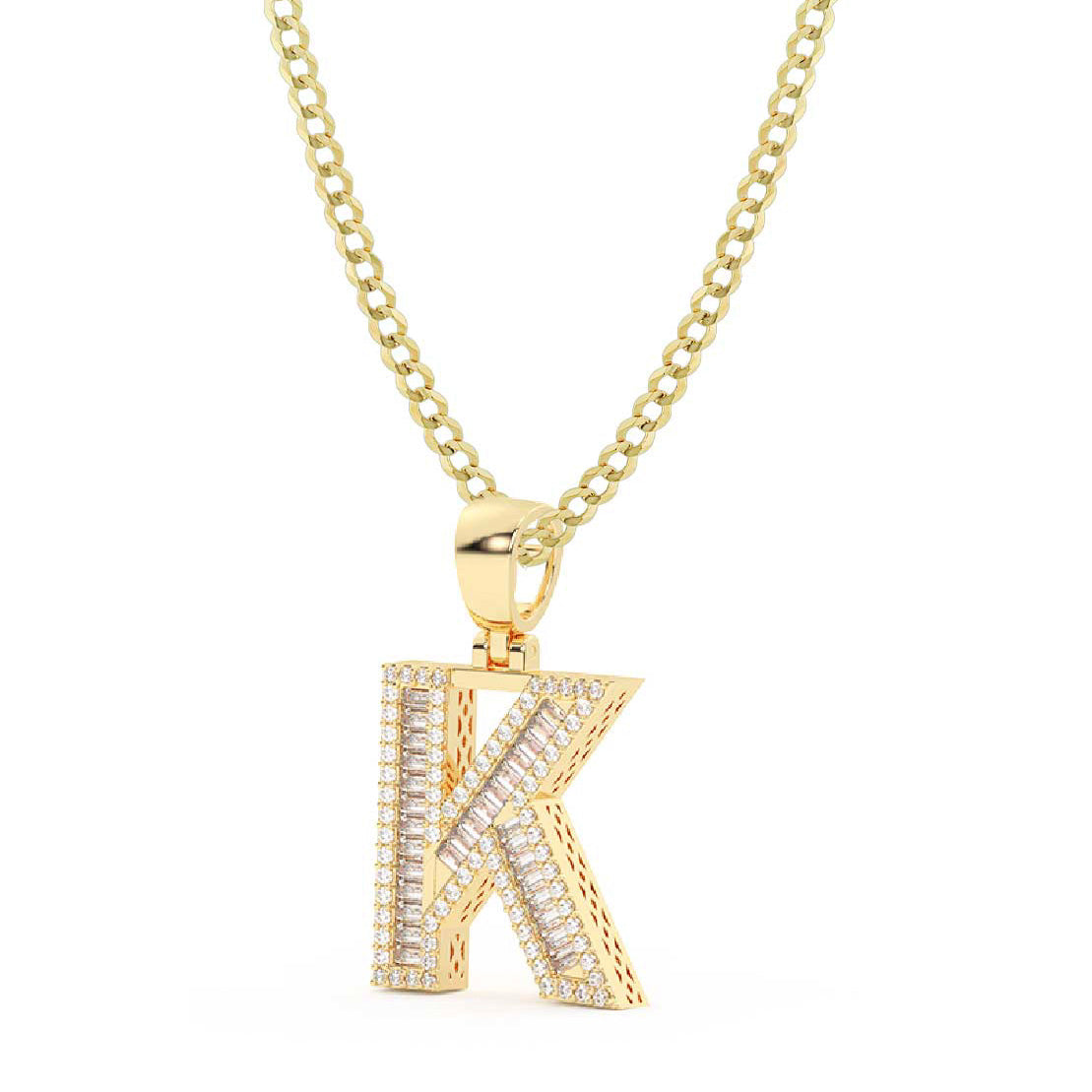 Baguette & Round Cut Diamond "K" Initial Pendant Necklace 0.59ct 14K Gold