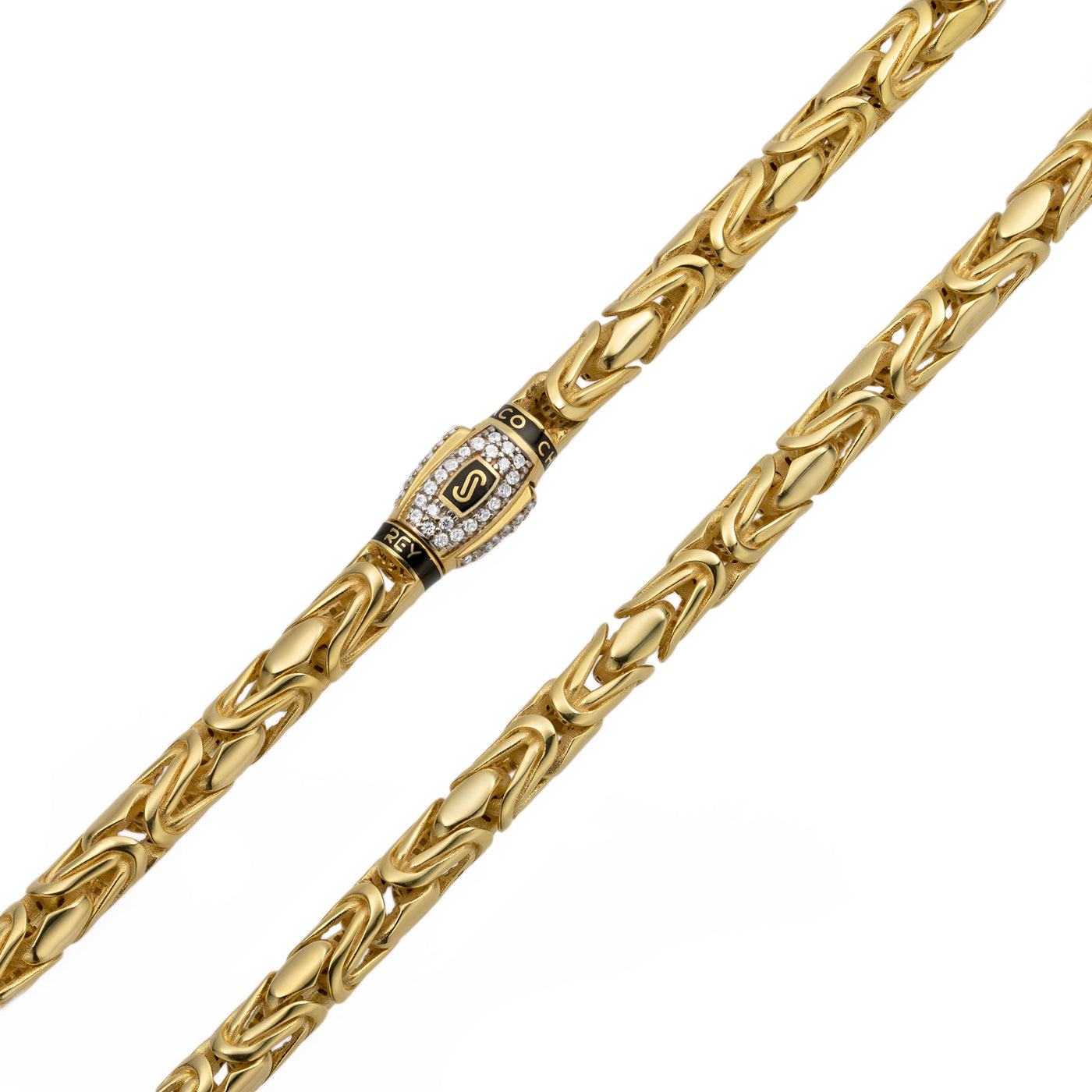 Round Byzantine Royal Link CZ Lock Chain Necklace 14K Yellow Gold - Hollow