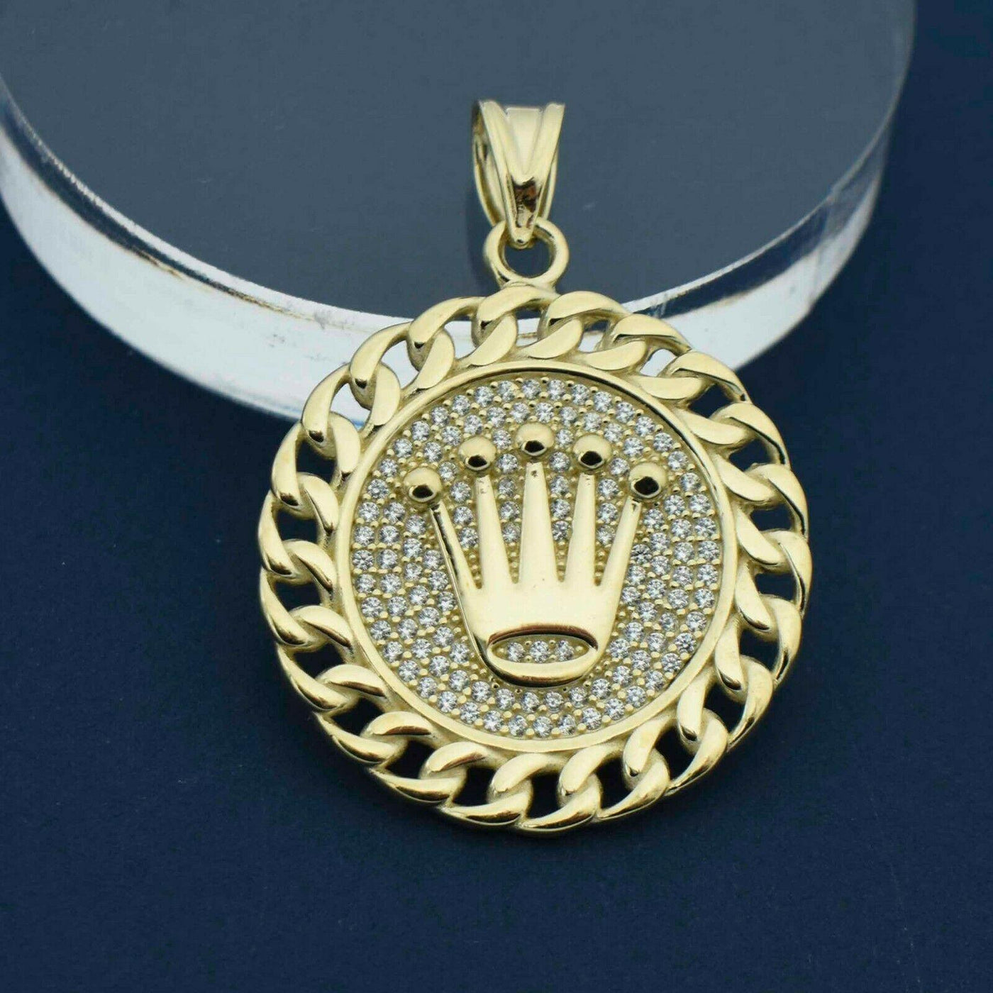 1 1/2" Curb Bordered CZ Crown Medallion Pendant 10K Yellow Gold - bayamjewelry