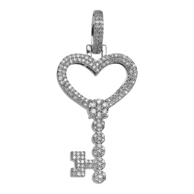 1 1/2" Heart Key Diamond Pendant 0.71ct 14K White Gold - bayamjewelry