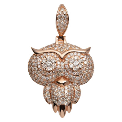 1 1/2" Owl Diamond Pendant 2.74ct 14K Rose Gold - bayamjewelry