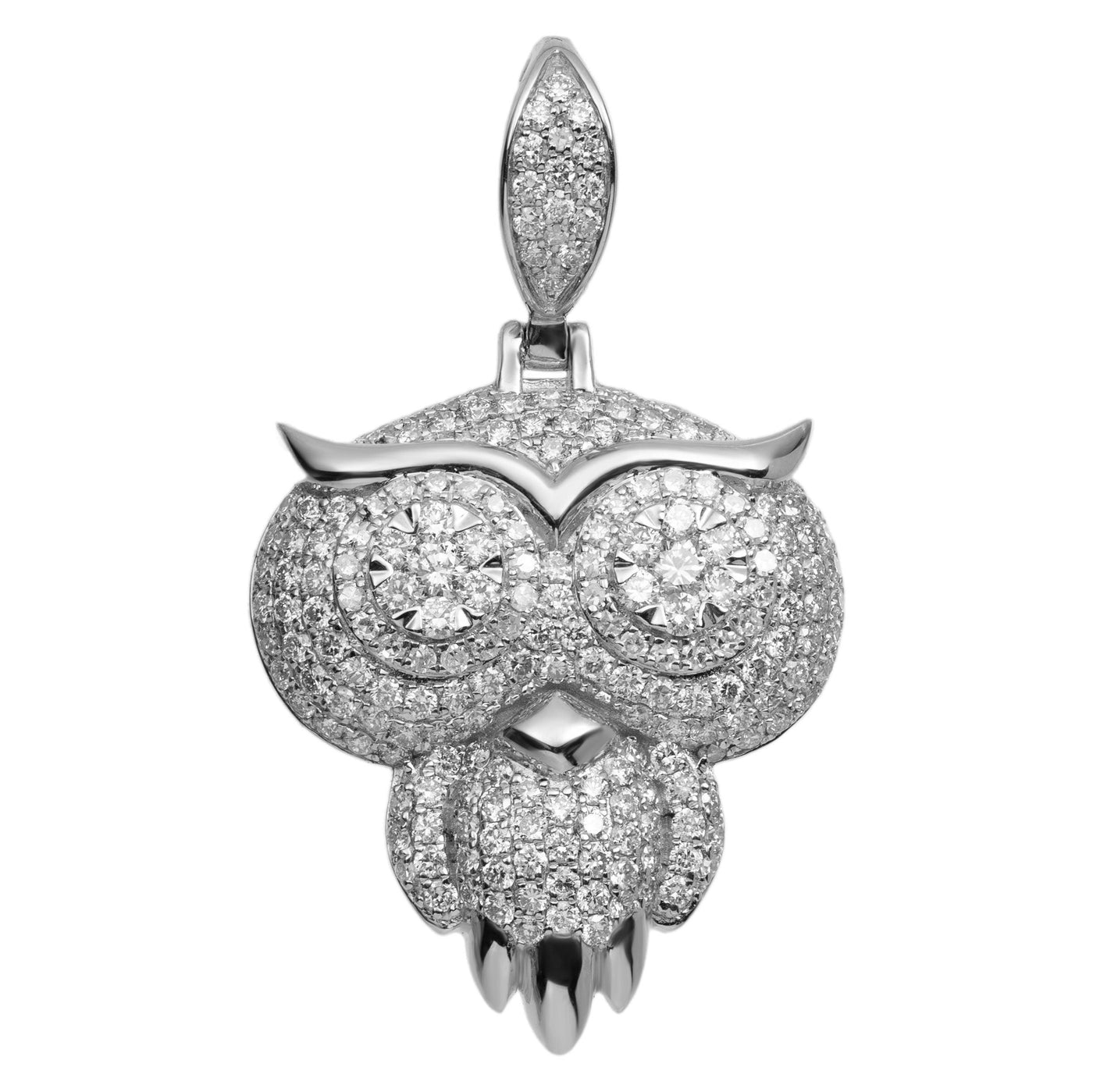 1 1/2" Owl Diamond Pendant 2.74ct 14K White Gold - bayamjewelry