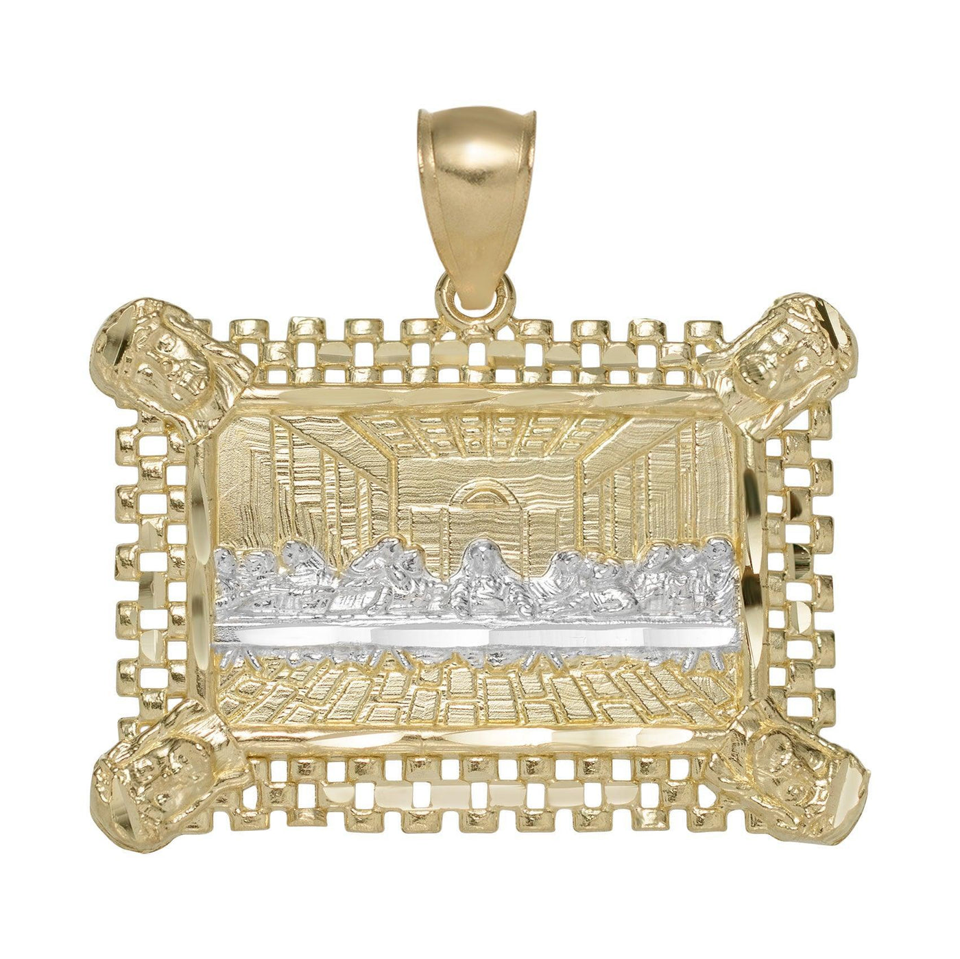 1 1/2" Rectangle Railroad The Last Supper Medallion Pendant 10K Yellow Gold - bayamjewelry